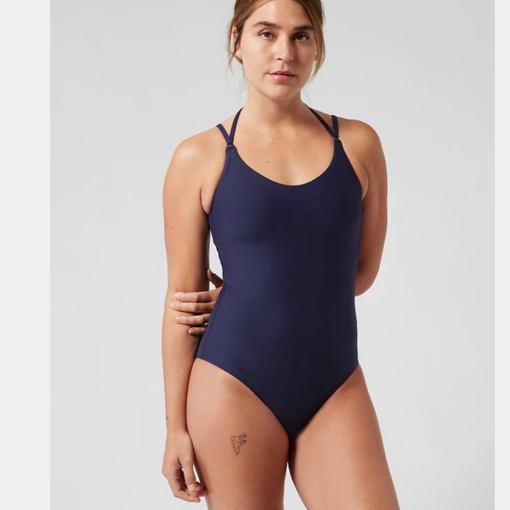 Athleta Keyhole One Piece Swimsuit Dress Blue